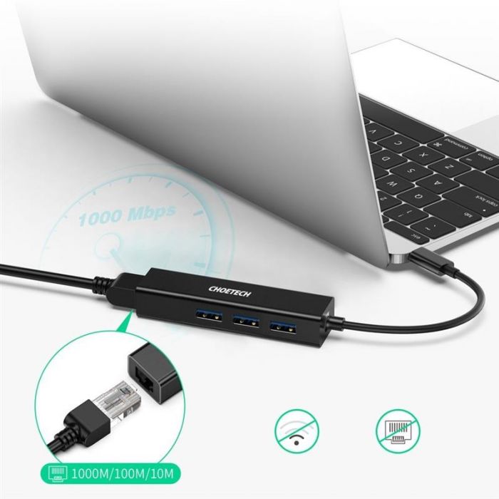 Мережевий адаптер Choetech HUB-U02 4-In-1 USB-C to RJ45