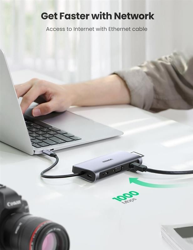 Концентратор USB Type-C Ugreen CM179 3xUSB 3.0 + HDMI + VGA + RJ45 1000M Ethernet + Cardreader + 3.5 мм, Gray (80133)