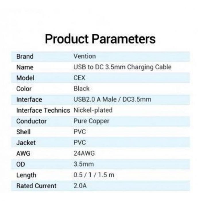 Кабель Vention USB - DC 3.5 мм (M/M), 1 м, Black (CEXBF)