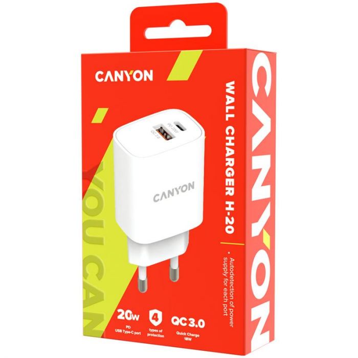 Мережевий зарядний пристрій Canyon H-20-04 (2USB, 3A) PD, QC3.0 White (CNE-CHA20W04)