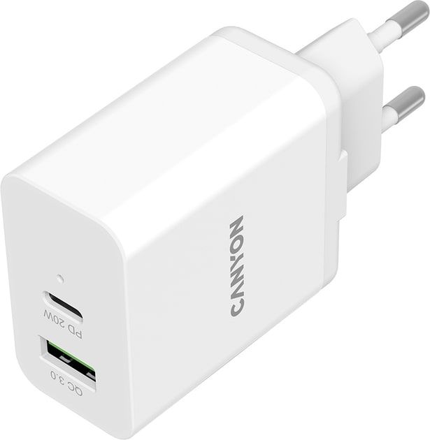 Мережевий зарядний пристрій Canyon H-20-03 (2USB, 3A) PD, QC3.0 White (CNE-CHA20W03)