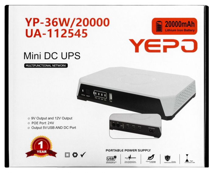 Джерело безперебійного живлення Yepo Mini DC-UPS YP-36W/20000mAh LiFePO4 DC-5V/9V/12V (UA-112545)