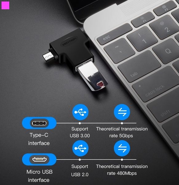 Адаптер Vention USB - USB Type-C + micro USB V 3.0 (F/M) Black (CDIB0)