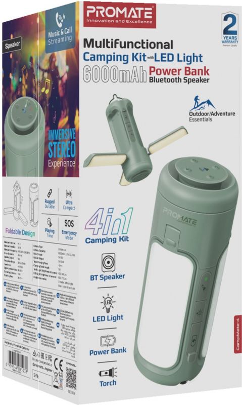 Ліхтарик кемпінговий Promate з Bluetooth колонкою та вбудованим повербанком на 6000 мАг Green (campmate-4)