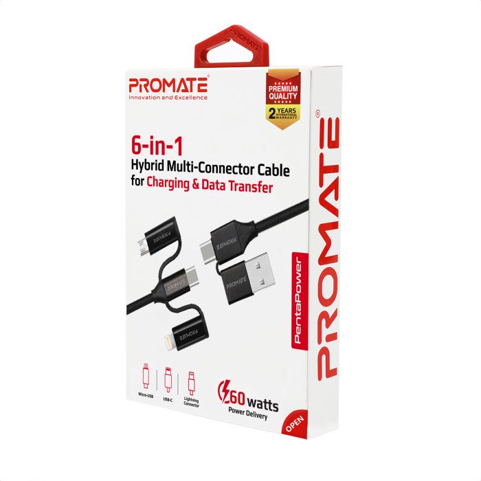Кабель Promate USB + USB Type-C -  Lightning + micro USB + USB Type-C (M/M), 3 A, 60 W, 1.2 м, PentaPower Black