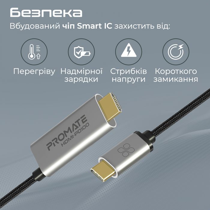 Кабель Promate HDMI-PD100 USB Type-C - HDMI V 2.0 (M/M), 1.8 м, Grey