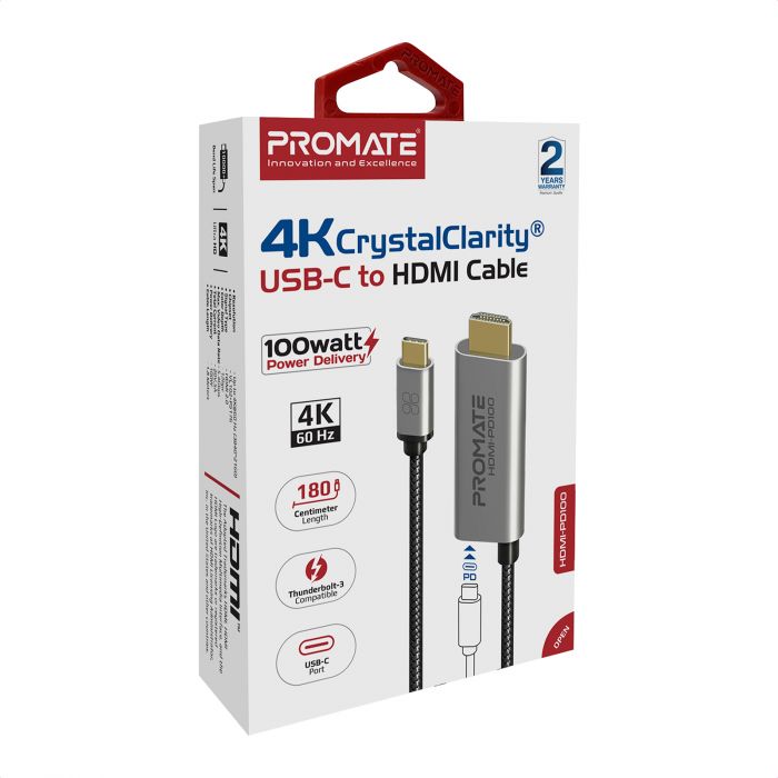 Кабель Promate HDMI-PD100 USB Type-C - HDMI V 2.0 (M/M), 1.8 м, Grey