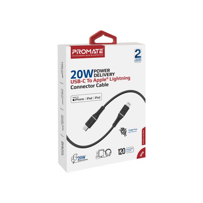 Кабель Promate USB Type-C - Lightning (M/M), 2.2 A, 20 W, 1.2 м, PowerLine-Ci120 Black