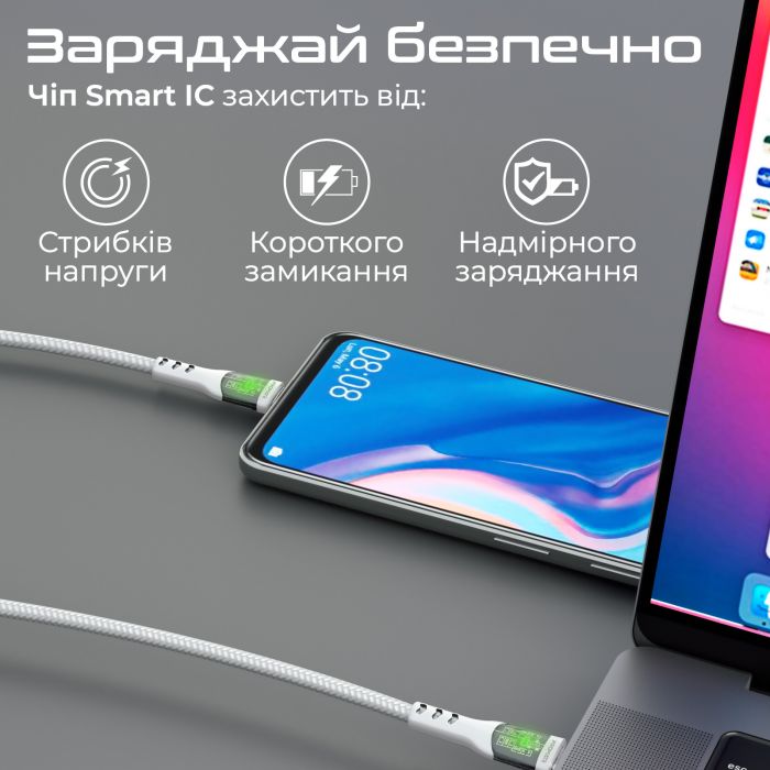 Кабель Promate USB Type-C - USB Type-C (M/M), 3 A, 60 W, 2 м, TransLine-CC200 White
