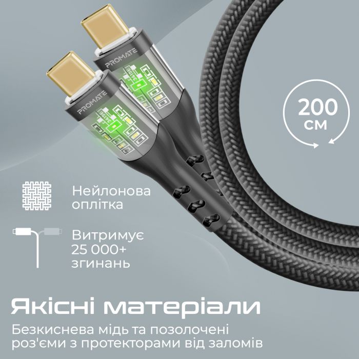 Кабель Promate USB Type-C - USB Type-C (M/M), 3 A, 60 W, 2 м, TransLine-CC200 Black