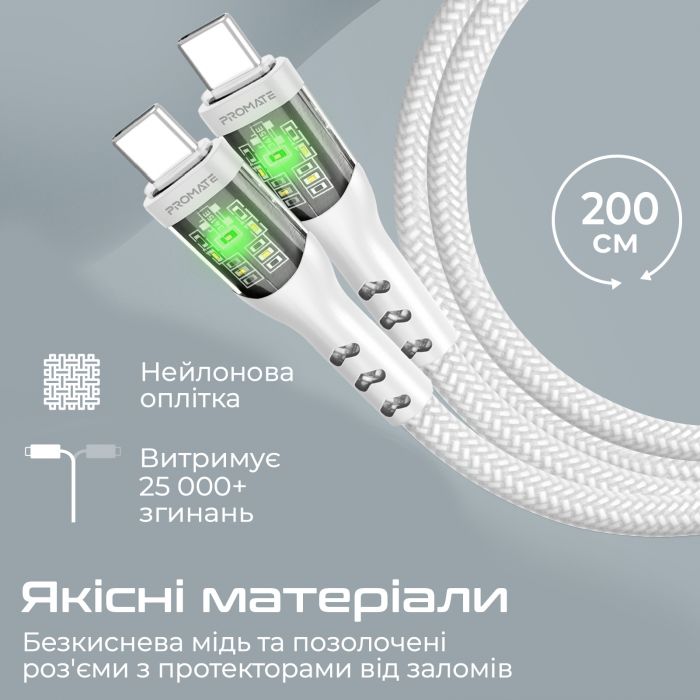 Кабель Promate USB Type-C - USB Type-C (M/M), 3 A, 60 W, 2 м, TransLine-CC200 White