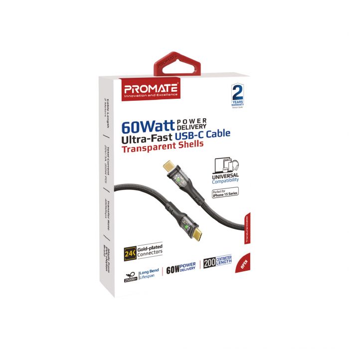Кабель Promate USB Type-C - USB Type-C (M/M), 3 A, 60 W, 2 м, TransLine-CC200 Black