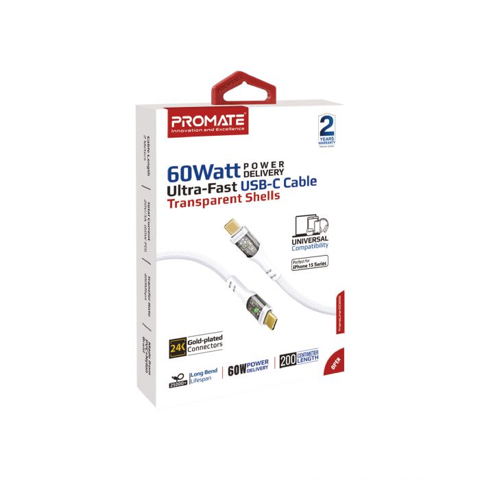 Кабель Promate USB Type-C - USB Type-C (M/M), 3 A, 60 W, 2 м, TransLine-CC200 White