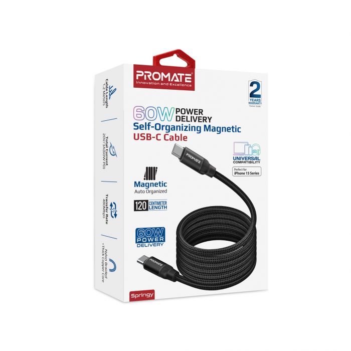 Кабель Promate USB Type-C - USB Type-C (M/M), 3 A, 60 W, 1.2 м, Springy Black