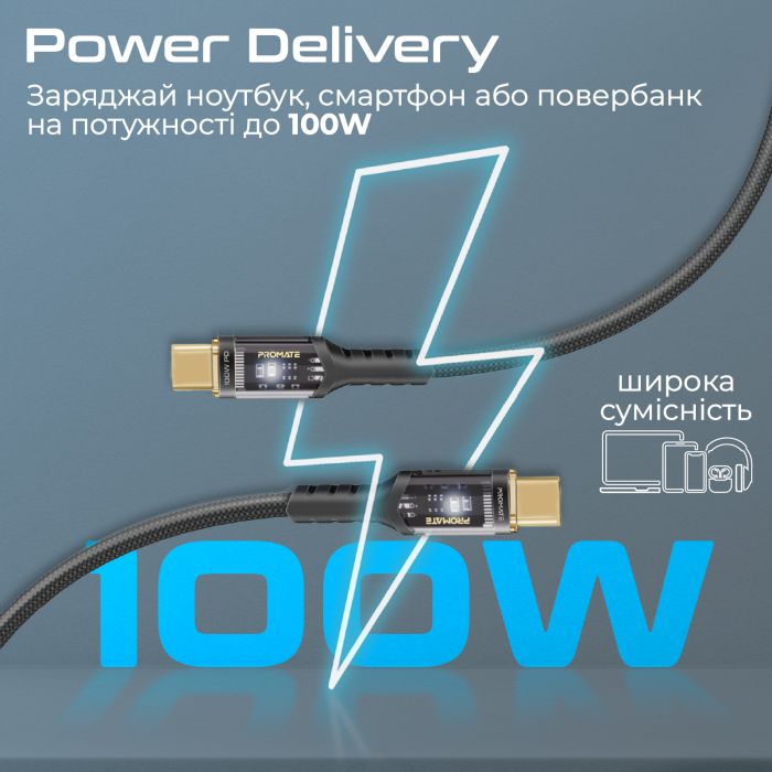 Кабель Promate USB Type-C - USB Type-C (M/M), 5 A, 100 W, 2 м, Lucidline-CC200 Black