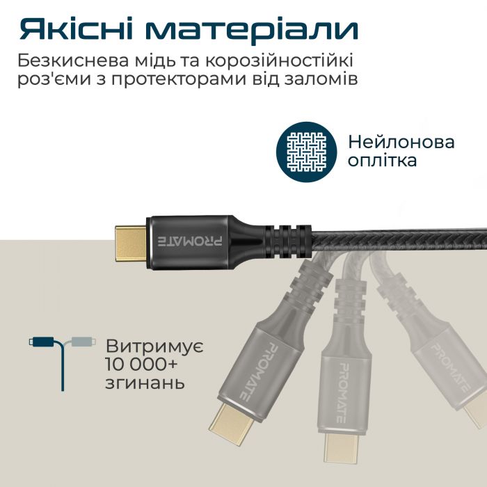 Кабель Promate USB Type-C - USB Type-C (M/M), 5 A, 240 W, 1 м, PowerBolt240 Black