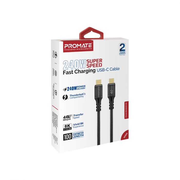 Кабель Promate USB Type-C - USB Type-C (M/M), 5 A, 240 W, 1 м, PowerBolt240 Black