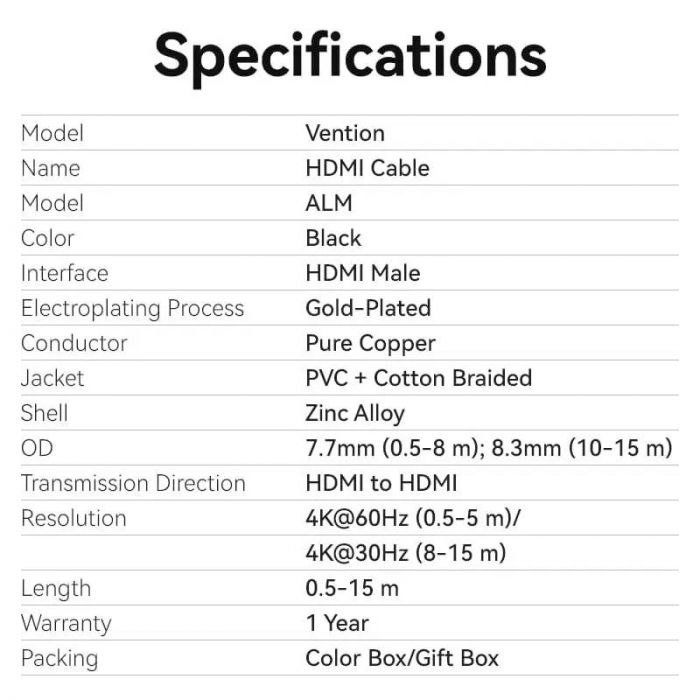 Кабель Vention HDMI - HDMI V 2.0 (M/M), 2 м, Black (ALMBH)