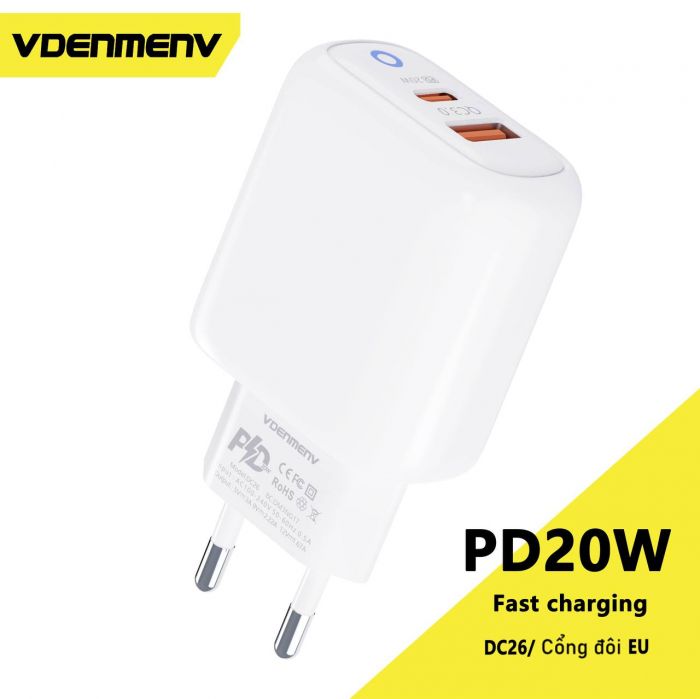 Мережевий зарядний пристрій Denmen DC26 (2USB) PD20W+QC3.0 White (DC26-WH)