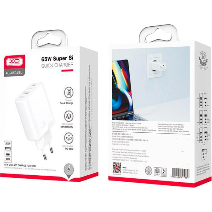 Мережевий зарядний пристрій XO CE04 (1USB, 2USB-C) QC3.0 PD3.0 White (XO-CE04-WH)