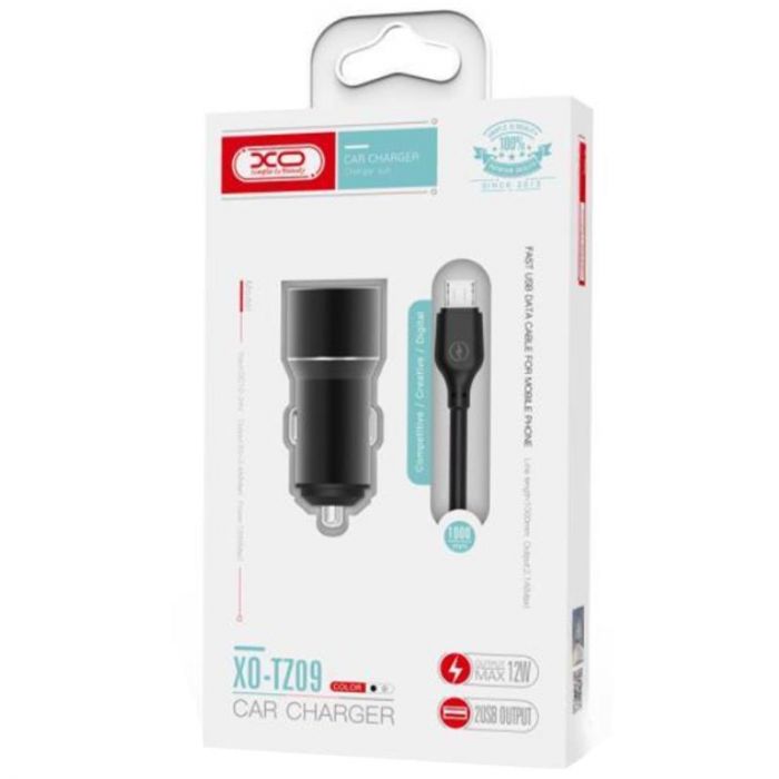 Автомобільний зарядний пристрій XO TZ09 (2USB, 2.4A) Black (6920680873487) + кабель microUSB