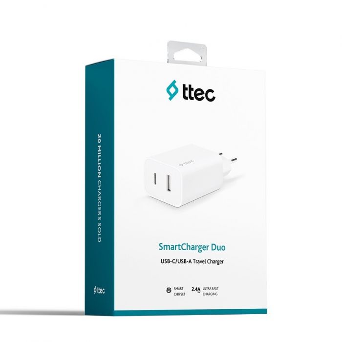 Мережевий зарядний пристрій Ttec SmartCharger Duo USB-C/USB-A 2.4А/12Вт White (2SCS25B)