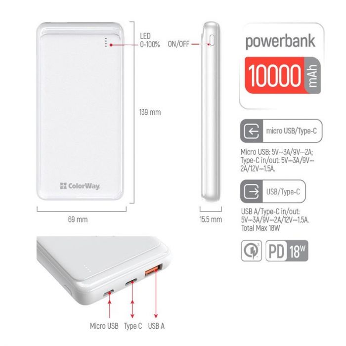 Універсальна мобільна батарея ColorWay Slim PD 10000mAh White (CW-PB100LPG3WT-PD)