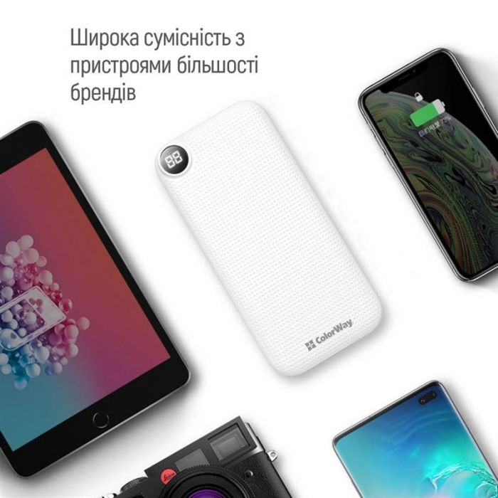 Універсальна мобільна батарея ColorWay Slim, LCD 10000mAh White (CW-PB100LPH2WT-D)