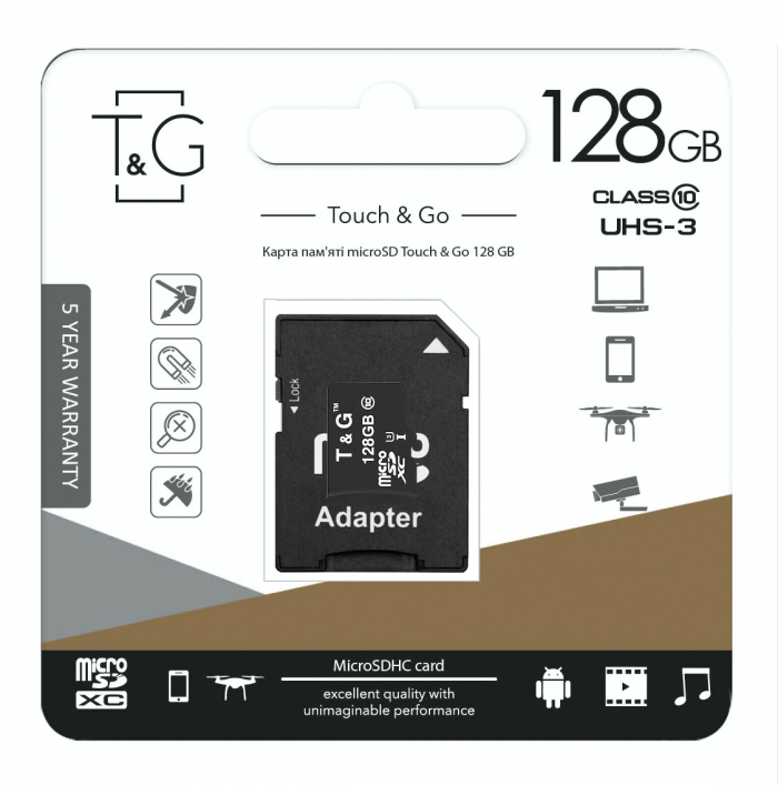 Карта пам`ятi MicroSDXC 128GB UHS-I U3 Class 10 T&G + SD-adapter (TG-128GBSD10U3-01)