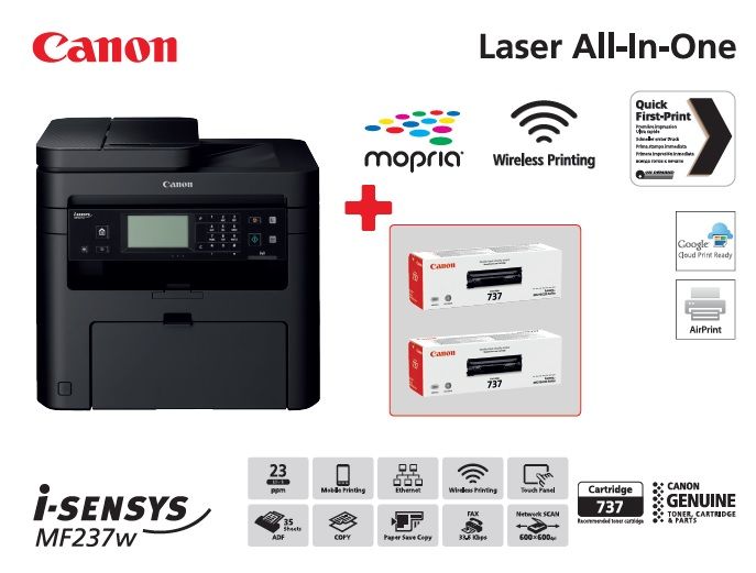 Багатофункційний пристрій А4 ч/б Canon i-SENSYS MF237w з Wi-Fi (1418C161AA) + 2 картриджа Canon 737