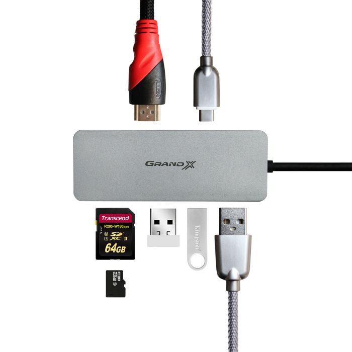 Концентратор USB 3.1 Type-C Grand-X PD Сharging HDMI/3хUSB/Type-C/OTG/CR (SG-512)