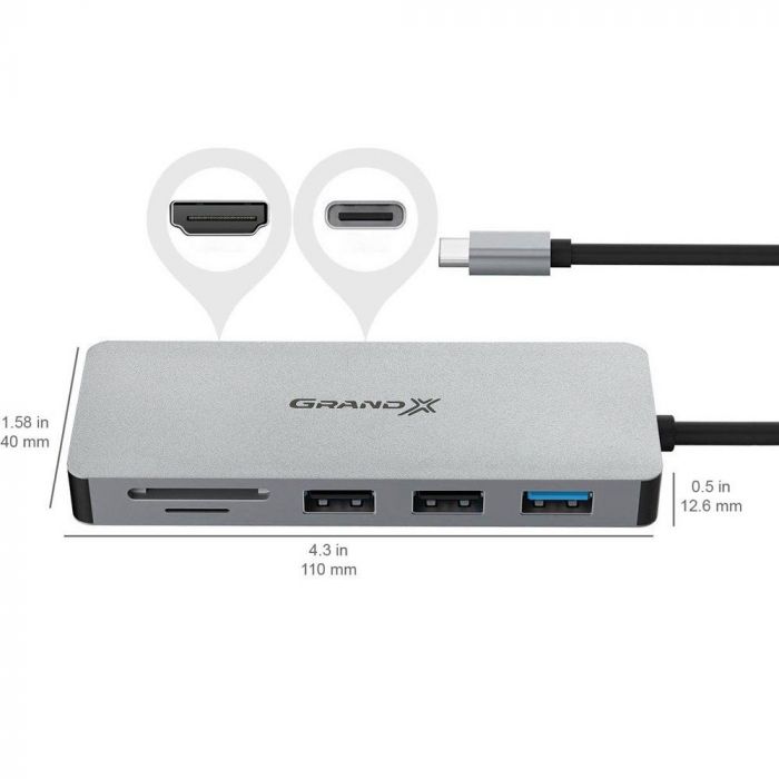 Концентратор USB 3.1 Type-C Grand-X PD Сharging HDMI/3хUSB/Type-C/OTG/CR (SG-512)