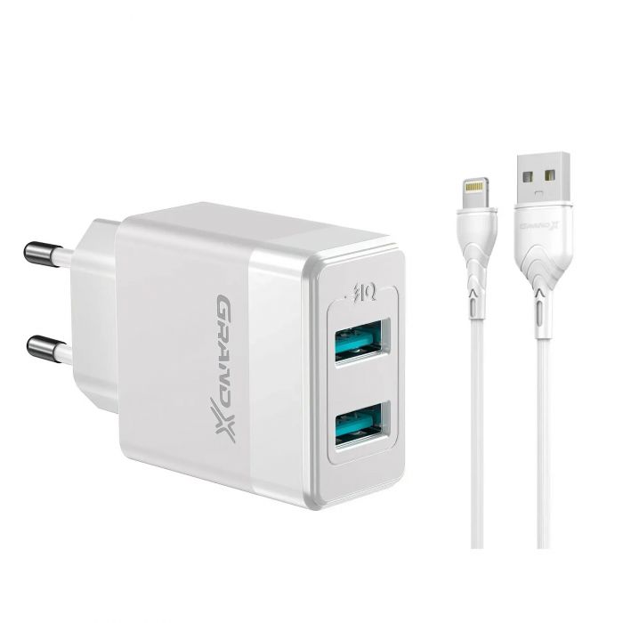 Мережевий зарядний пристрій Grand-X (2xUSB 2.4А) White (CH-50WL) + cкабель Lightning