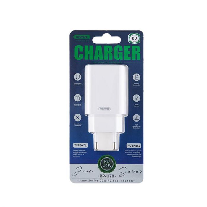 Мережевий зарядний пристрій Remax Jane Series 20W RP-U70 W (1USB 3А) White