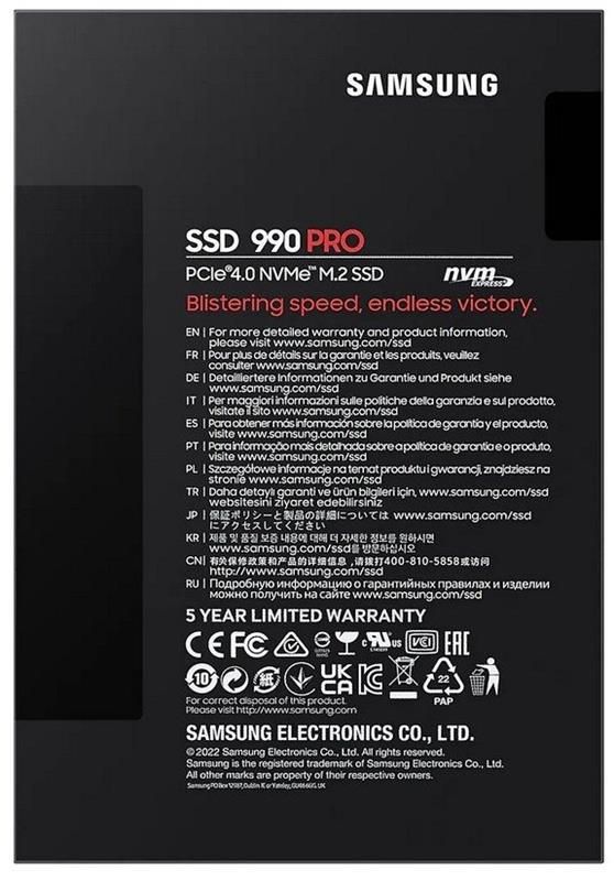 Накопичувач SSD  1ТB Samsung 990 PRO M.2 2280 PCIe 4.0 x4 NVMe V-NAND TLC (MZ-V9P1T0BW)