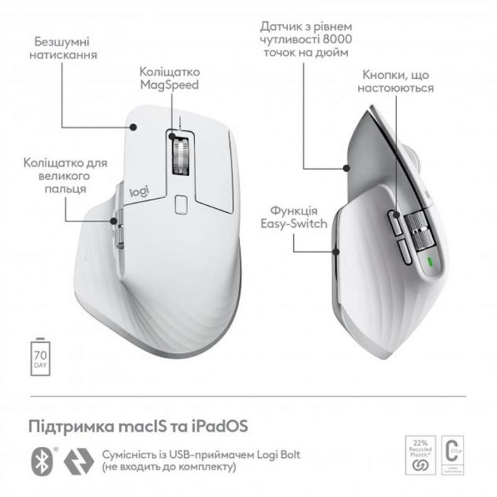 Миша Bluetooth Logitech MX Master 3S For Mac Pale Grey (910-006572)