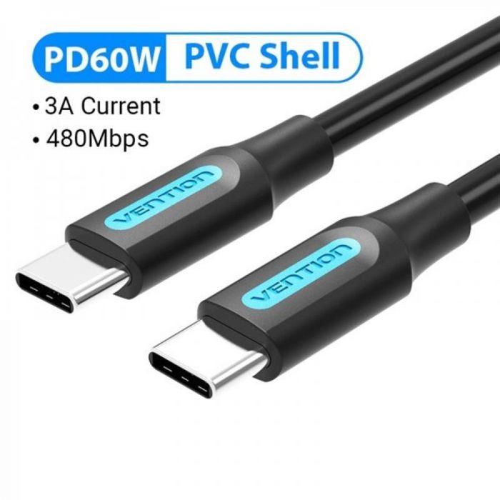 Кабель Vention USB Type-C - USB Type-C (M/M), TPE Round PD 60W, 3 A, 1.5 м, Black (COSBG)