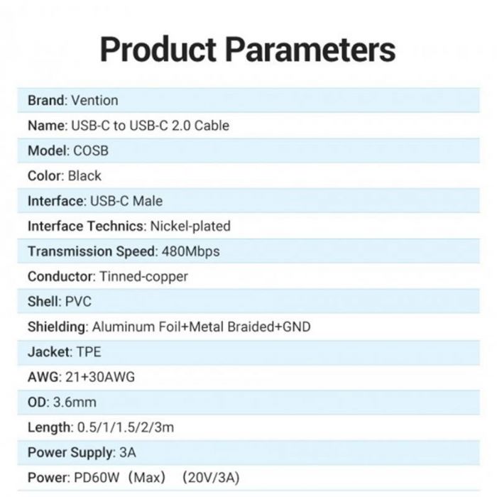 Кабель Vention USB Type-C - USB Type-C (M/M), TPE Round PD 60W, 3 A, 1.5 м, Black (COSBG)