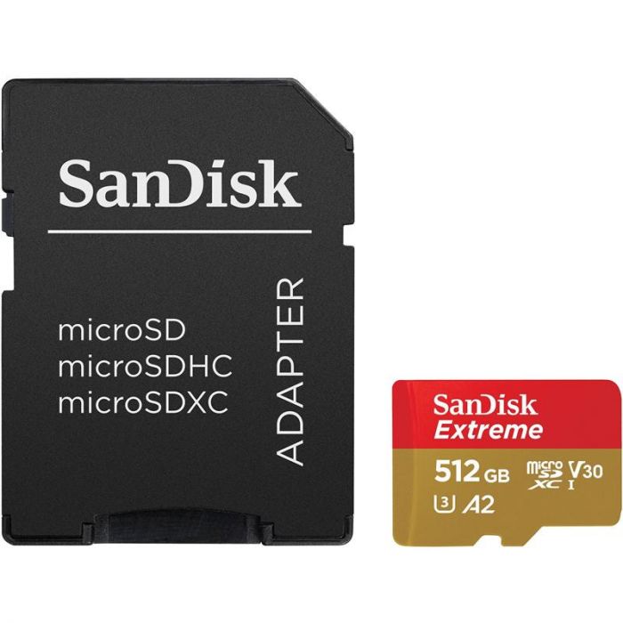 Карта пам`ятi MicroSDXC512GB C10 UHS-I SanDisk Extreme V30 U3 R190/W130MB/s + SD (SDSQXAV-512G-GN6MA)