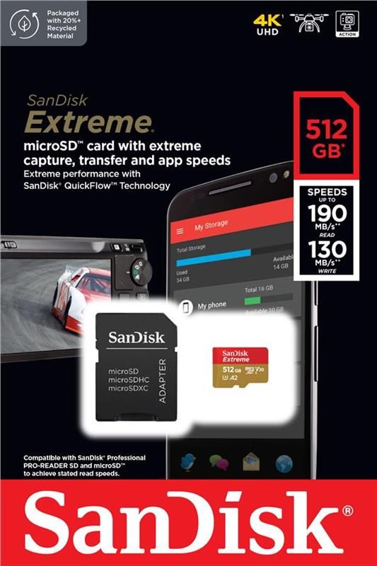 Карта пам`ятi MicroSDXC512GB C10 UHS-I SanDisk Extreme V30 U3 R190/W130MB/s + SD (SDSQXAV-512G-GN6MA)