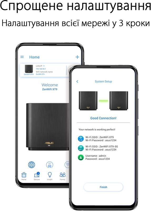 Wi-Fi Mesh система Asus ZenWiFi XT9 Black 1pk (90IG0740-MO3B50) 