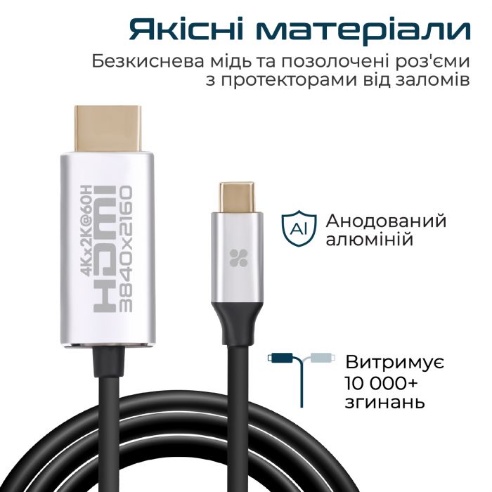 Кабель Promate HDMI-USB Type-C, v2.0, 1.8 m, Grey (hdlink-60h.grey)