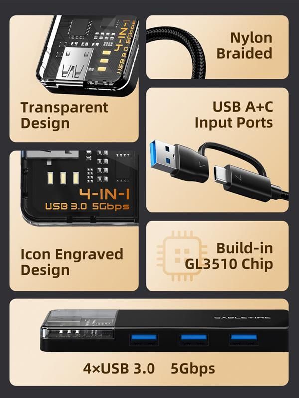 Концентратор Cabletime USB Type C - 4 Port USB 3.0, 0.15 cm (CB03B)