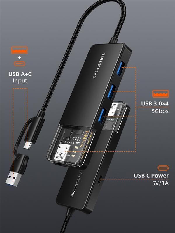 Концентратор Cabletime USB Type C - 4 Port USB 3.0, 0.15 cm (CB03B)