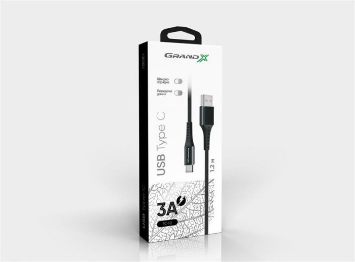 Кабель Grand-X USB - USB Type-C (M/M), 3 A, Fast Сharge, 1.2 м, Black (FC-12B)