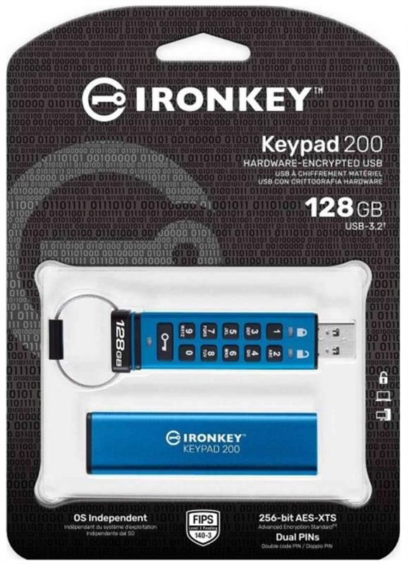 Флеш-накопичувач USB3.2 128GB Kingston IronKey Keypad 200 Type-A Blue (IKKP200/128GB)