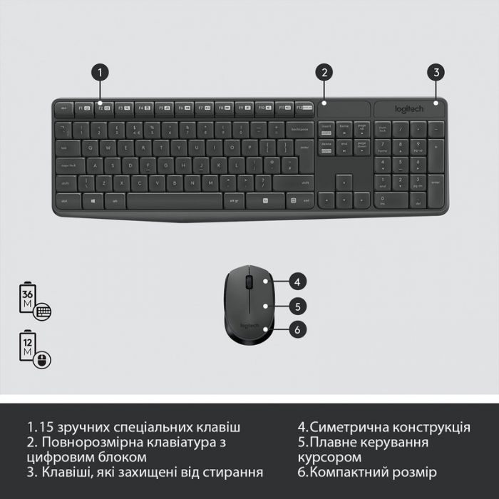 Комплект (клавіатура, мишка) бездротовий Logitech MK235 ENG/UKR Grey (920-007931)