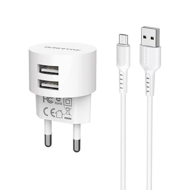 Автомобільний зарядний пристрій Borofone BA23A Brilliant (2USB, 2.4А) White (BA23AMW) + кабель MicroUSB