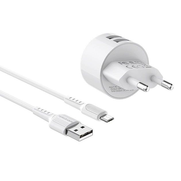 Автомобільний зарядний пристрій Borofone BA23A Brilliant (2USB, 2.4А) White (BA23AMW) + кабель MicroUSB