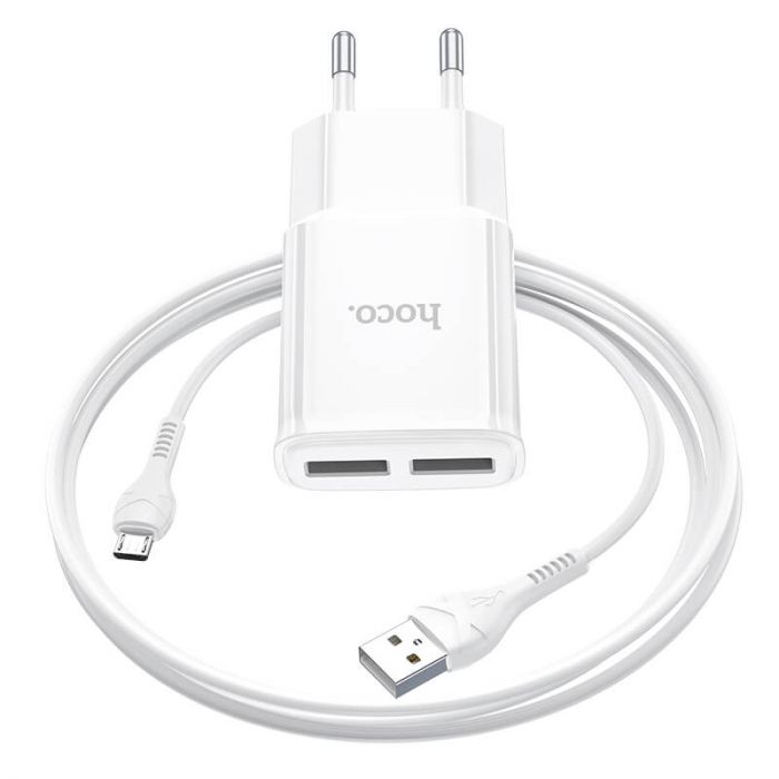 Мережевий зарядний пристрій Hoco C88A (2USB, 2.4А) White (C88AMW) + кабель MicroUSB